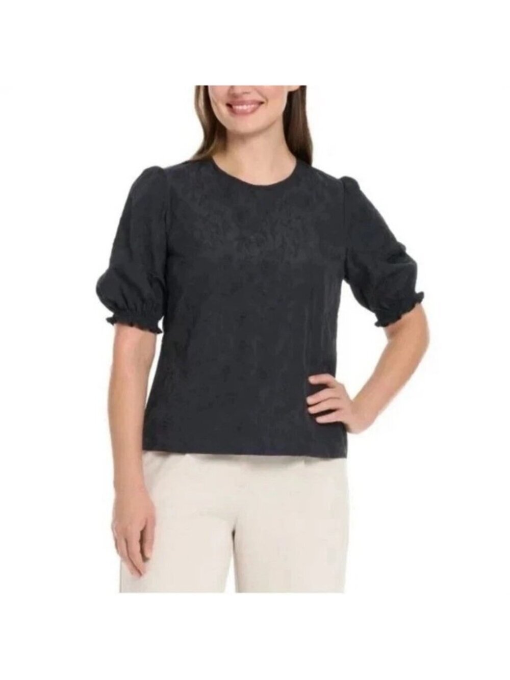 NWT Ted Baker XL Black Textured Puff Sleeve Top Polyester Blend J2020